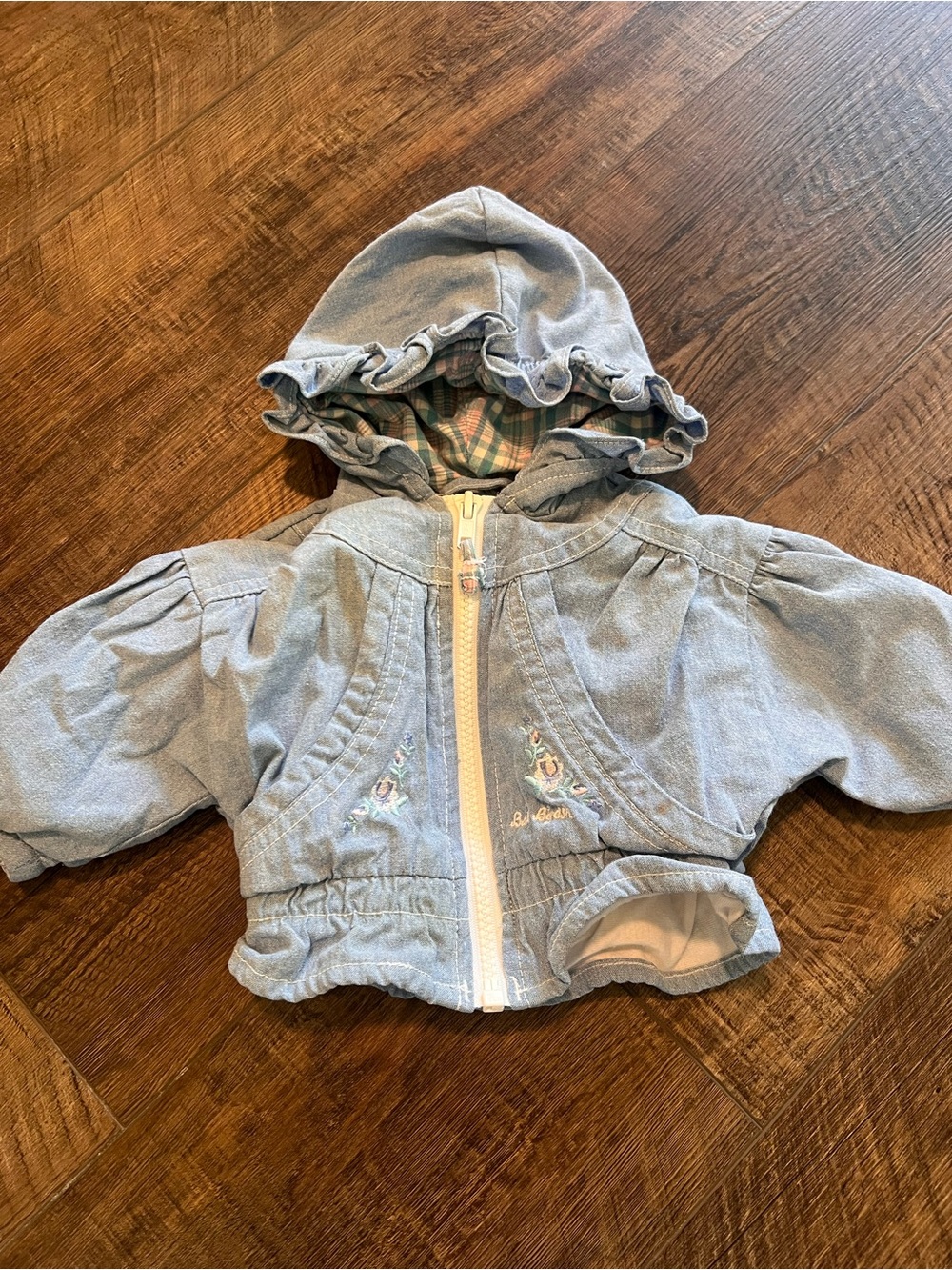 Vintage Blue Baby Girl Hooded Denim Jacket with Floral Embroidery